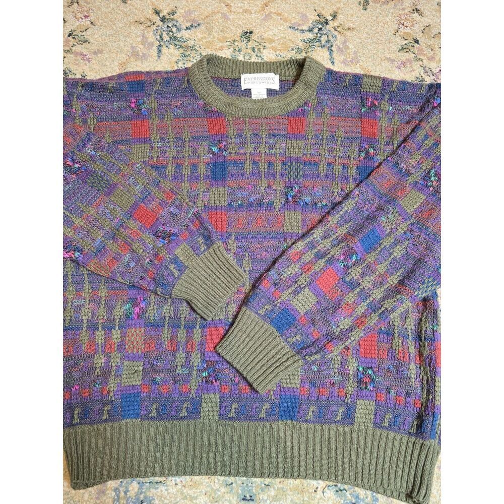 Vintage 90s Expressions Multicolor Patterned Crewneck Sweater — Olive Trim